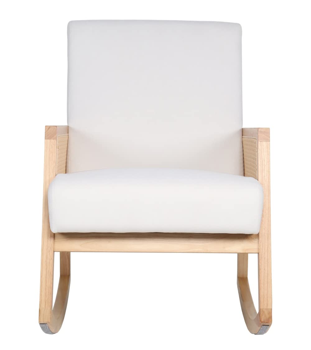 SWEET SOFA® - Butaca Mecedora de Madera y ratán Sofia, Estilo Boho Chic, tapizado Antimanchas. 96x66x82 cm. (Crema/Madera Clara)