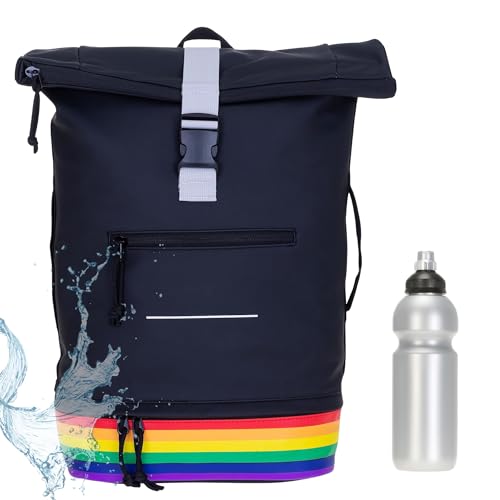 Elephant Rucksack Herren Damen Plane Time Bag COMP Fahrradrucksack Kurierrucksack Roll-Top A4 mit Laptopfach, Bodenfach 12823 + Flasche (Bi Color Rainbow (multi-schwarz))
