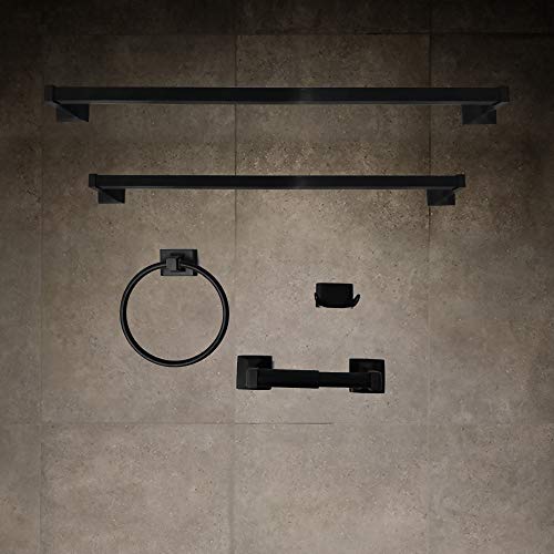 Sento Cellar Classic Bathroom Accessories Set, Heavy Duty Metal Bath Hardware Set Wall Mounted, Includes Robe Hook, Toilet Paper Holder, Towel Ring, 18” & 24” Towel Bar (5-Piece, Matte Black) #TOP2