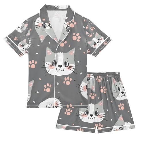 senya Cat Face Paw Print Satin Summer Pajama Sets Silk Short Sleeve Button Down Sleepwear