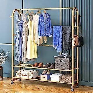 HomeCloud Gold Clothing Rack with Shelves Hangers & 4 Wheels | Heavy-Duty, Modern| Can be Used in Bedroom & Living Room| Ideal for Hanging Clothes | Easy to Assemble (U-Shape_Gold_Cloth Rack)
