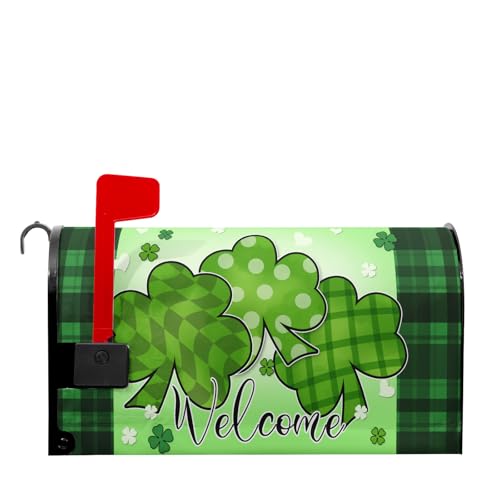 Image of St.Patrick Day Green Shamrocks Mailbox Covers Magnetic Lucky Clover Leaves Mailbox Cover Standard Size 25.5 X 21 St.Patrick Decor Mailbox Wrap Post Letter Box Cover Decorative for Home Garden Outdoor