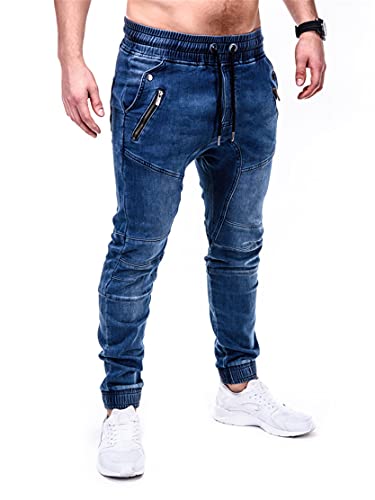 Men's Twill Jogger Jeans Drop Crotch Hipster Jogger Denim Pants Vintage Drawstring Skinny Zip Pockets Jean Trousers (3X-Large,Blue)2