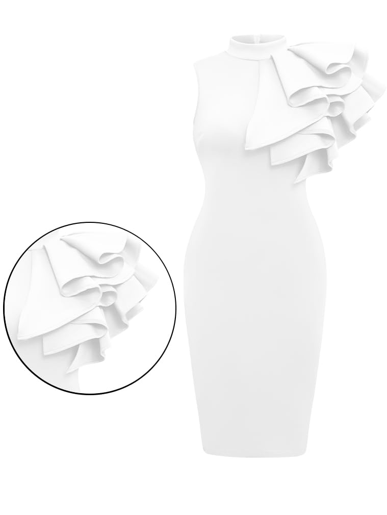 Abito a Matita Midi Formale Senza Maniche con Volant Aderente da Cocktail da Donna