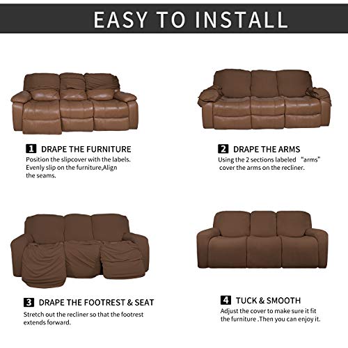 Image of Easy-Going 8 Pieces Microfiber Stretch Sectional Recliner Sofa Slipcover Soft Fitted Fleece 3 Seats Couch Cover Washable Furniture Protector with Elasticity for Kids Pet(Recliner Sofa,Brown)
