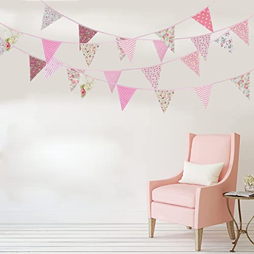 Image of Zwiebeco 39Ft Pink Floral Fabric Bunting Banner Triangle Flag Party Decorations Hanging Cotton Rustic Vintage Flowers Garland Pennants for Wedding Birthday Tea Nursery Home Outdoor Garden Accessories