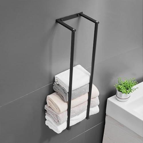 Stainless Steel Bathroom Wall Towel Rack for Rolled and Folded Towels - Mounted Metal Holder for Easy Washcloth Storage and Organizing (Black)