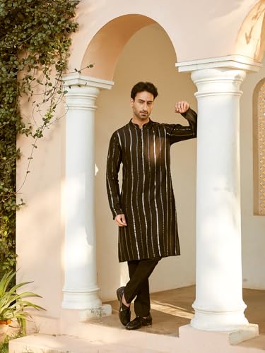 Image of See Designs Men Full Sleeve Chanderi Silk Sequins Mandarin Collar Side Slit Kurta With Pyjama