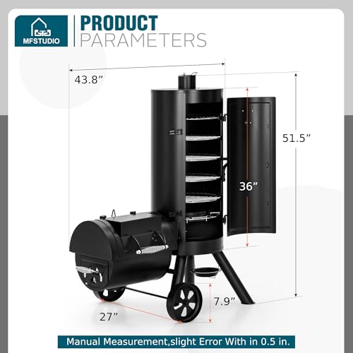 Image of MFSTUDIO Vertical Charcoal Smoker Grill & Offset Smoker w /Water Pan | 5 Removable Smoking Grates, Built-in Hooks, Water Pan & Charcoal Pan Included, Adjustable Cooking Grates Height, for BBQ