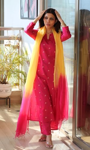 Image of GoSriKi Kurta Sets for Women Viscose Printed | Kurti Set for Woman | Kurta Pant Dupatta Set | Straight Kurti | Round Neck V-Slit 3 /4 Sleeve Suit Set for Women Stylish Ethnic Outfit Clothing