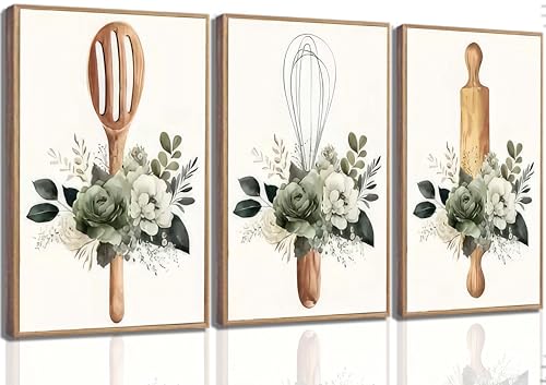 3 Pcs Sage Green Farmhouse Kitchen Canvas Wall Art Minimalist Dining Room plant Flowers Painting Pictures Wall Decor Poster Print Artwork For Dining Room kitchen Home Decoration Unframed