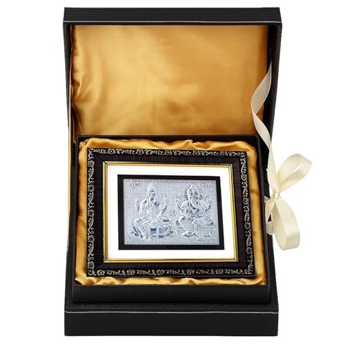 Image of 999 Pure Silver Lakshmi Ganesha Frame - Hindu Religious Photo Frame for Home, Temple and Pooja Room | Spiritual Gift for Wealth and Prosperity
