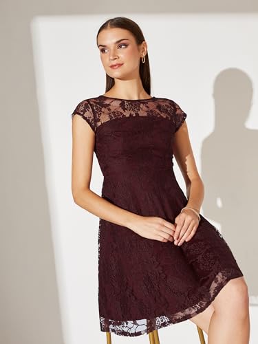 Image of Miss Chase Women's Round Neck Cap Sleeves Lace Knee -Long Skater Dress