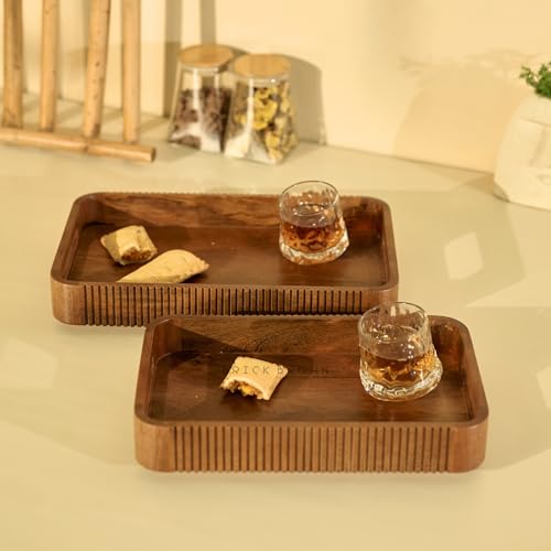 Image of Brick Brown Premium Handcrafted Wooden Duet Nested Serving Trays Set of 2 Tea, Breakfast Tray with Handles - Decorative Coffee Table Organizer Platter for Home, Kitchen, Dining, Restaurant & Office