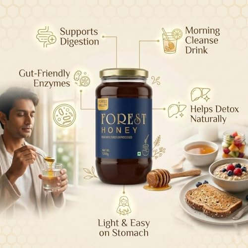 Image of FOREST VALLEY Raw Forest Honey, 1200 Gram, Wild, Unprocessed, Unheated, Non Pasteurized, Original Honey 100% Pure and Natural (1.2 Kg)