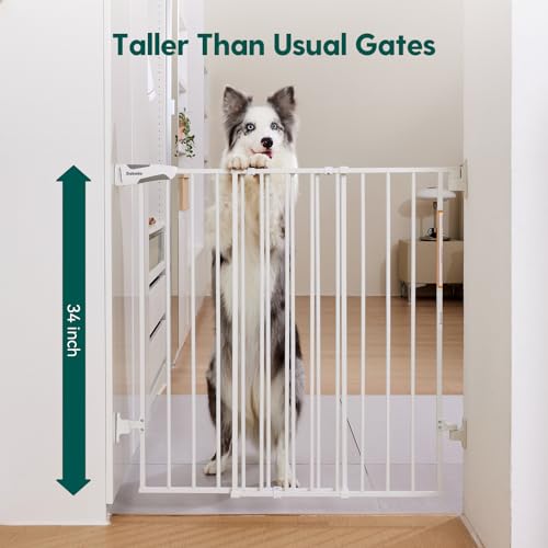 Babelio Baby Gate for Stairs, Kitchen & Doorways, 26-41" W 34" H Extra Tall| No Bottom Bar| Easy Installation| One-Handed Operation| Auto-Close| Hardware Mount Safety Dog/Pet Gate Indoor (White)