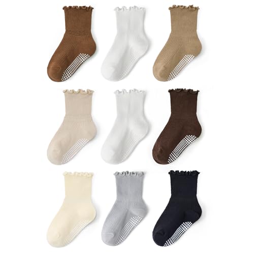 Image of Toddler Non Slip Cotton Crew Socks with Anti-slip Dots for Infant Baby Boys Girls 9 Pairs Mix Brown Ruffle