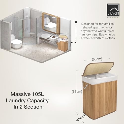 Knight Bamboo Laundry Hamper 105L - Dual Compartment Basket, Removable & Washable Liner, Foldable, Natural, for Bedroom & Bathroom, 52x32x63cm (Natural) - Image 7