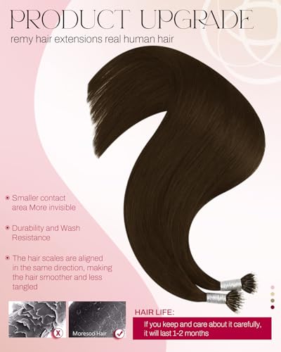 Image of Moresoo Nano Bead Hair Extensions Human Hair, Medium Brown, 14 Inch | 50g 50 Strands, Remy Hair, Lightweight Nano Beads, Natural Looking Fullness for Medium Brown Hair and Daily Wear