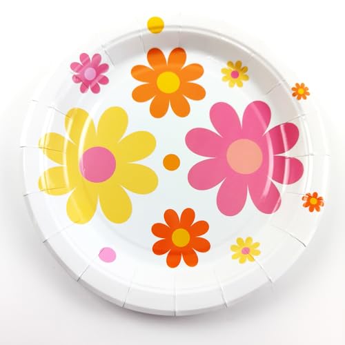 Image of Daisy Flower Party Tableware Set, 68pcs Daisy Flower Paper Plates Napkins Cups, Two Groovy Disposable Party Supplies Decorations for Baby Shower Birthday Wedding Seasonal Holiday