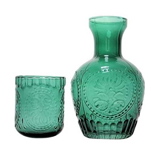 Bedside Water Carafe Glass Set, Vintage Night Water Carafe and Tumbler, 1200ml Hot Cold Beverage Water Jug with 350ml Cup, Retro Relief Nightstand Pitcher for Juice, Wine, Home Decor (Green)
