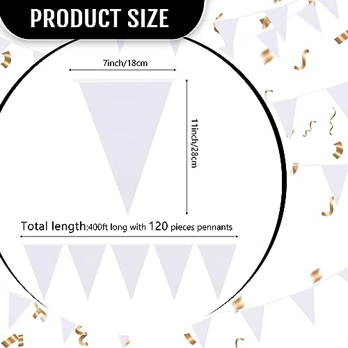 Image of Preboun 400 ft Solid Pennant Banner Flags 240 Pcs String Hanging DIY Triangle Bunting Bulk Garland for Grand Opening Carnival Birthday Party Decoration Outdoor(White)