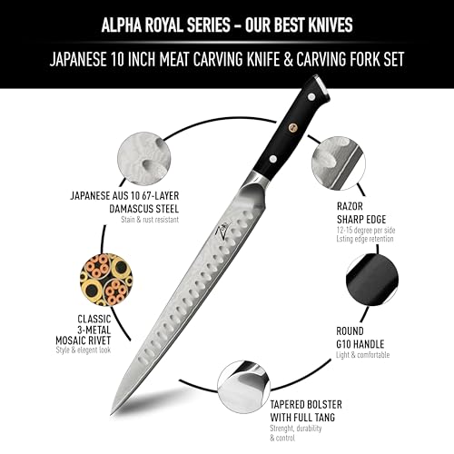 Zelite Infinity 10 Inch Carving Knife & Fork Set - Japanese 10 Inch Meat Carving Knife & Carving Fork Set; Japanese AUS-10 Super Steel; Razor Sharp - Alpha-Royal Series