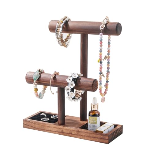 KunGe Bracelet Holder, Bracelet Display Stand for Vendors, T-Bar Necklace Scrunchie Wooden Storage Rack, Bangle Watch Jewelry Display Tower (2 Tier)