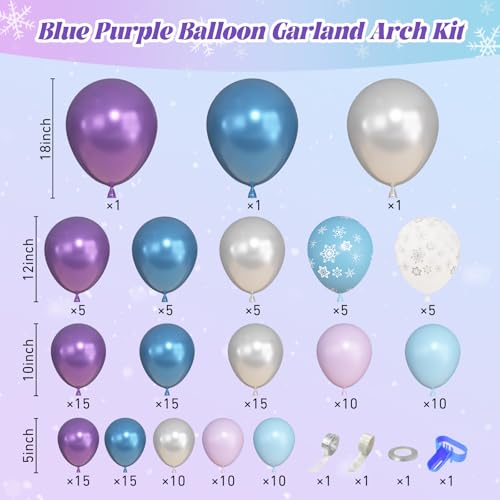Image of Ouddy Life 157 Pcs Frozen Balloon Arch Garland Kit, Blue Purple Sliver Snowflake Balloons Different Size for Winter Princess Wonderland Baby Shower Decorations Ice Snow Theme Birthday Party Decor