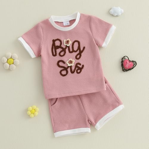 Baby Girl Sister Matching Outfit Embroidery Lil/Big Sis Short Sleeve T-shirt Tops Shorts Infant Girls Summer Clothes3
