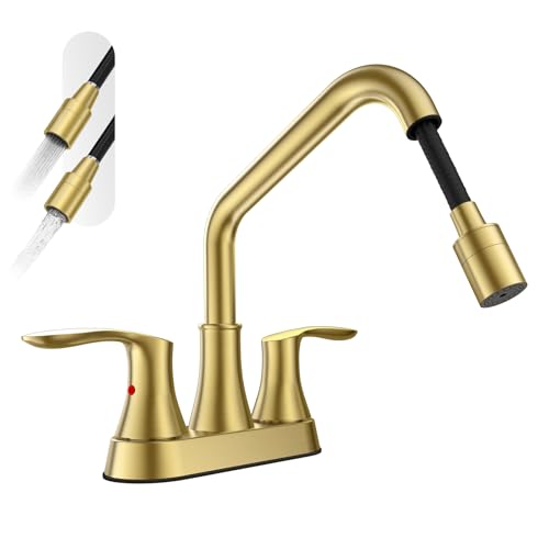 Phiestina Gold Utility Sink Faucet 3 Hole, Laundry Sink Faucet with Pull Out Sprayer, Long Spout Dual Handle Modern Bathroom Faucet, 4 Inch CenterSet Laundry & Utility Room Sink Faucets, LF36CL-2M-BG