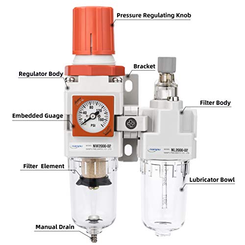 Nanpu 1/4" Npt Embedded Gauge Compressed Air Filter, Regulator＆Lubricator Combo Water/Oil Trap Separator - 0-180 Psi Gauge, Semi-Auto Drain, Poly Bowl, Metal Bracket - 3 In 1 Two Unit #TOP1