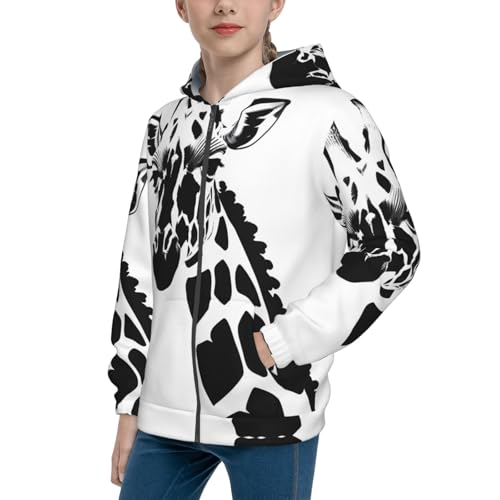 Medium Black and white giraffe Print Girls Athletic Zip Up Hoodies,Sweatshirts with Pockets Long Sleeve Hooded Jackets, for 7-18 Y