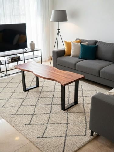 Image of Modern Coffee Table for Living Room | Sheesham Wood Center Table with Natural Edge Top | Wooden Leg Cocktail Table | Contemporary Tea Table Furniture for Home, Lounge & Apartment | Light Walnut