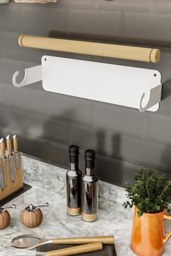 LMZ Yapışkanlı Doğal Gürgen Ağaç Ahşap Bar Metal Rulo Kağıt Havluluk, Kağıt Havlu Standı, Banyo Mutfak Havlu Çubuğu, Peçetelik Kağıt Havlu Rafı, Kağıt Havluluk Askısı (Metal, Beyaz) - Görsel 6