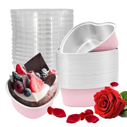EQUNROY 30 Pcs Heart Shaped Cake Pans with Lids Mini Pink Aluminum Foil Baking Tins 3.4 Oz Disposable Cupcake Containers for Valentines Day Mothers Day Wedding Party (100ml/3.3OZ)