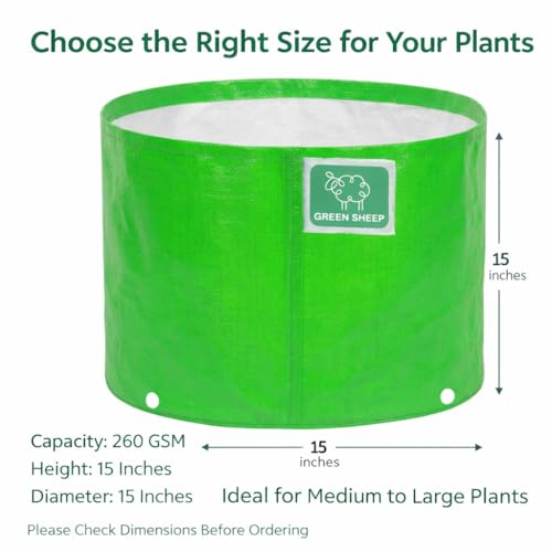 Image of GREENSHEEP HDPE Grow Bag Heavy Duty 260 GSM Round Plants Flower Growing Bags Floor Standing Mount Type for Home Garden Balcony Terrace Kitchen Nursery (Green, 15x15 inch, Pack of 4)