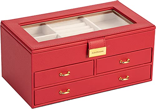 Tiklife Schmuckkästchen mit Glasdeckel, 3-lagiger Schmuck-Organizer, 3 Schubladen, viel Stauraum, moderner Stil, für Ringe, Armbänder, Ohrringe, Halsketten, Samtfutter, Geschenk für geliebte Menschen Cover