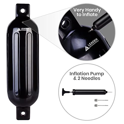 Leader Accessories Ribbed Twin Eyes Black 4.5''X16'' Boat Fender Pack Of 4 Includes 3/8'' Fender Lines Pack Of 4 And Pump To Inflate #TOP2