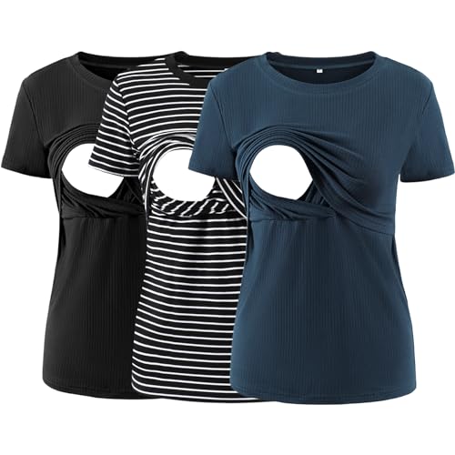 Image of Liu & Qu Women's Maternity Nursing Tops Rib Short Sleeve Breastfeeding Shirts Maternity Clothes 3-Pack
