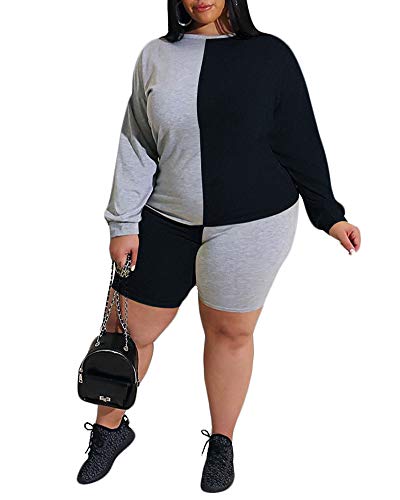 Black Colorblock Plus Size Two Piece Outfit Tracksuit Long Sleeve Top Tshirt Bodycon Shorts Jogger Set Rompers Sportswear Sweatsuits 2X 2020