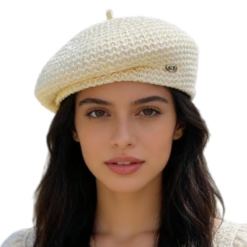 HIQIU Baskenmütze Damen Sommer Frühling aus Baumwolle und Leinen - Stilvoll Dünn Atmungsaktiv Beret Hut Frauen Künstler Maler Mütze (DE/NL/SE/PL Numerisch 56 58 Beige Weiß)