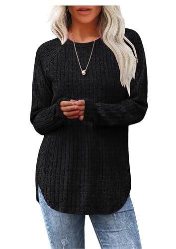 Aokosor Womens Tops Ladies Long Sleeve Shirts Sweatshirt Curved Hem Tunic Pullover Jumper Black Size 22-24
