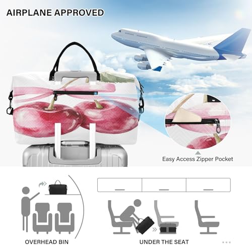 Watercolor Cherry Fruit Travel Duffel Bag Large Capacity Weekender Bag with Toiletry Bag Detachable Shoulder Strap Travel Tote Bag for Women 5