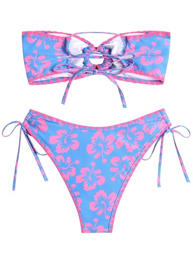 Image of ZAFUL Women's Bandeau Bikini O Ring Strapless Tie Back High Cut Two Piece Swimsuit Bathing Suits