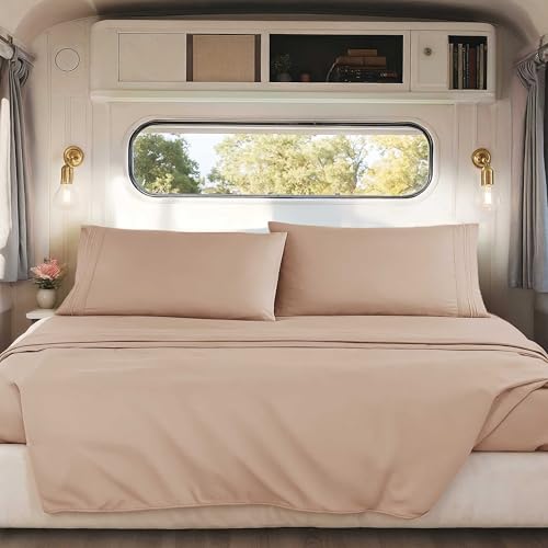 Image of Nestl Khaki Short Queen Sheets for RV, Hotel Luxury RV Queen Sheets Set, 4 Piece Fitted Bed Sheet Set and Pillowcases, Super Soft, Wrinkle-Free, and Breathable Camper Bedding
