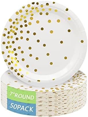 50 x 7" White and Gold Paper Plates, Gold Foil Polka Dots Disposable Paper Plates Party Supplies for Graduation, Birthday, Bridal Shower, Holiday,All Occasions 50 PCS