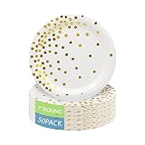 50 x 7" White and Gold Paper Plates, Gold Foil Polka Dots Disposable Paper Plates Party Supplies for