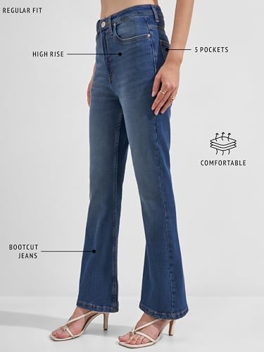 Image of Tokyo Talkies Women Blue Solid Bell Bottom High Rise Jeans
