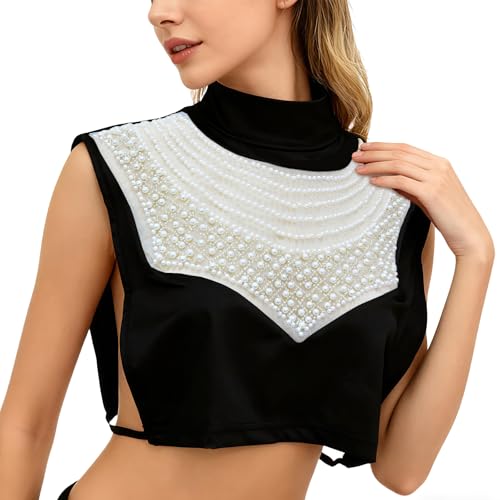 Image of Eyibenlilan Ladies' High Gloss Faux Pearl Elastic Knit Fabric Round Neck Fake Collar One Size Dickey Collar for Women